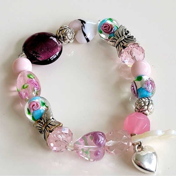 Avon Jewelry - Pink & Silver Floral Wedding Cake Beaded Stretch Bracelet